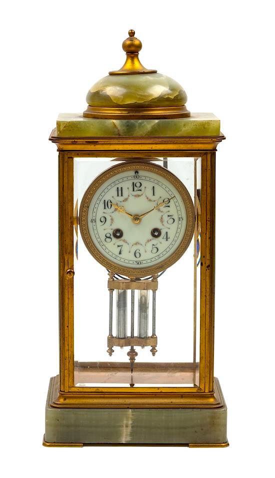 Appraisal: A French Onyx and Brass Crystal Regulator Clock Height inches