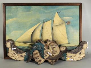 Appraisal: Folk Art Painting Ship w Carved Mermaid Plaques Folk Art