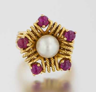 Appraisal: A French Gold Pink Sapphire and Pearl Ring k yellow