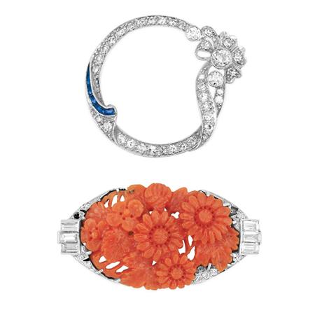 Appraisal: Diamond and Sapphire Circle Brooch and Carved Coral and Diamond