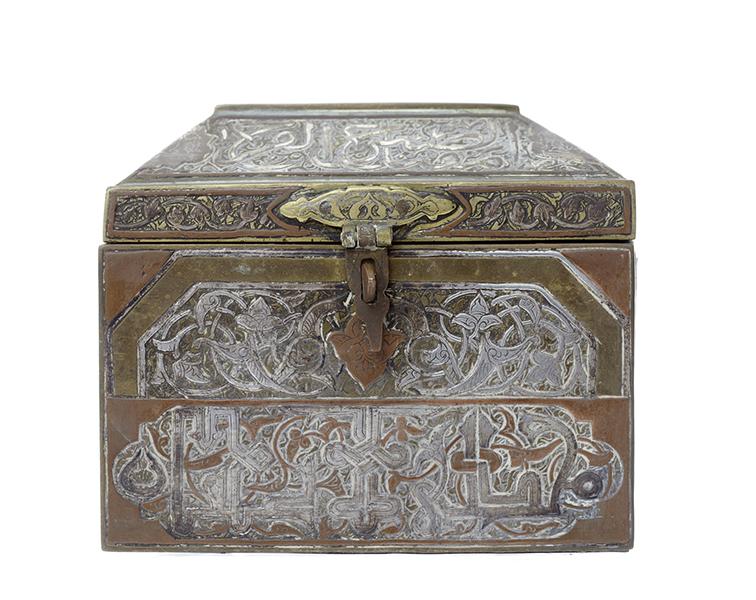 Appraisal: A LATE TH CENTURY ISLAMIC BRASS AND SILVER DAMASCENE BOX