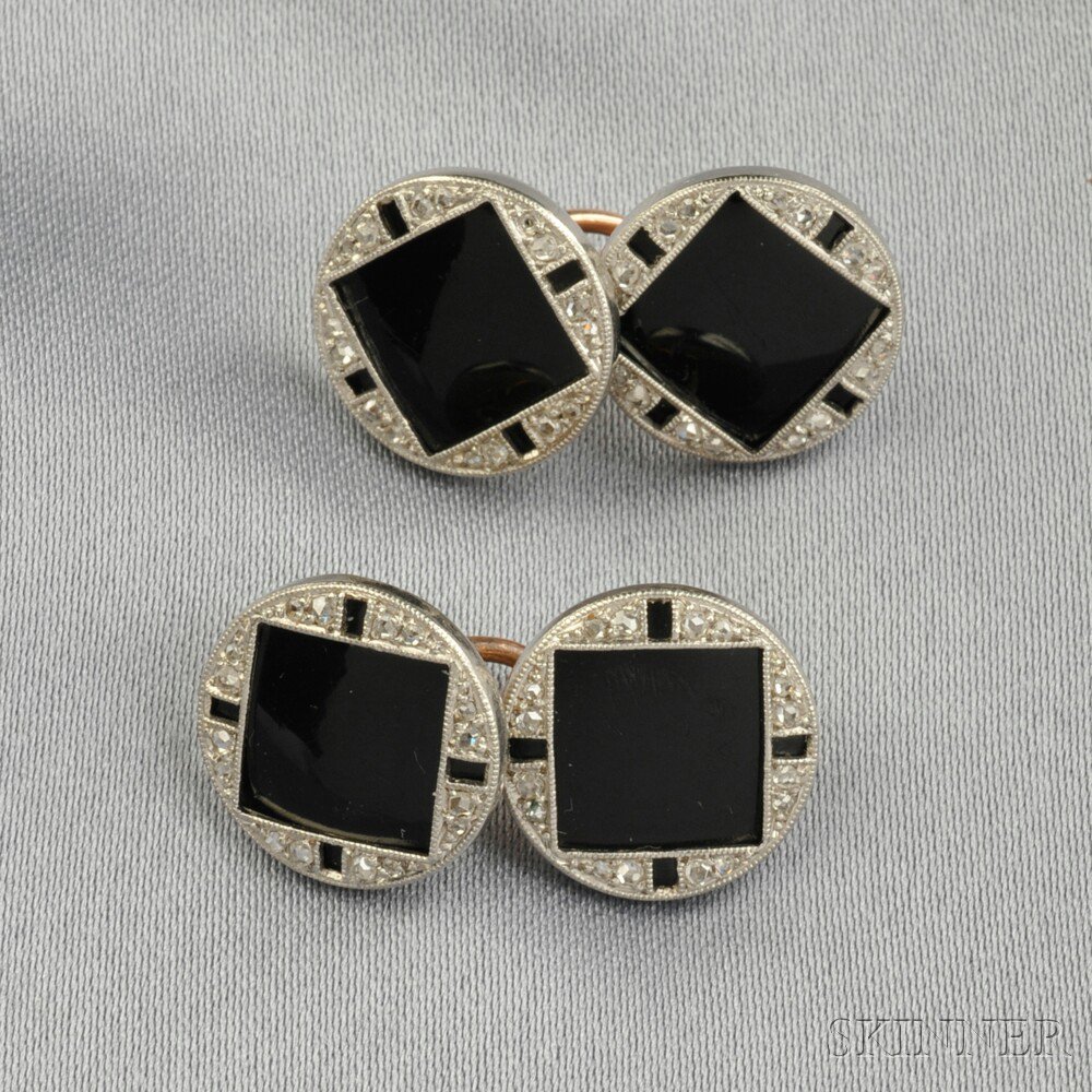 Appraisal: Art Deco Onyx and Diamond Cuff Links Cartier each double