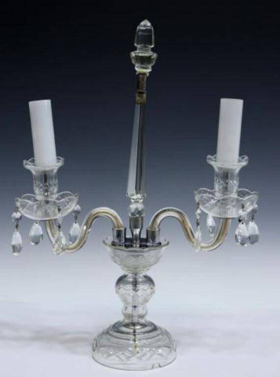 Appraisal: Crystal two-light girandole table lamp th c central spire flanked