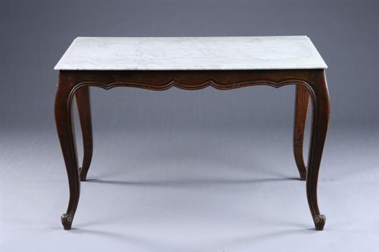 Appraisal: FRENCH PROVINCIAL MARBLE-TOP BREAKFAST TABLE th century oak Carrera rectangular