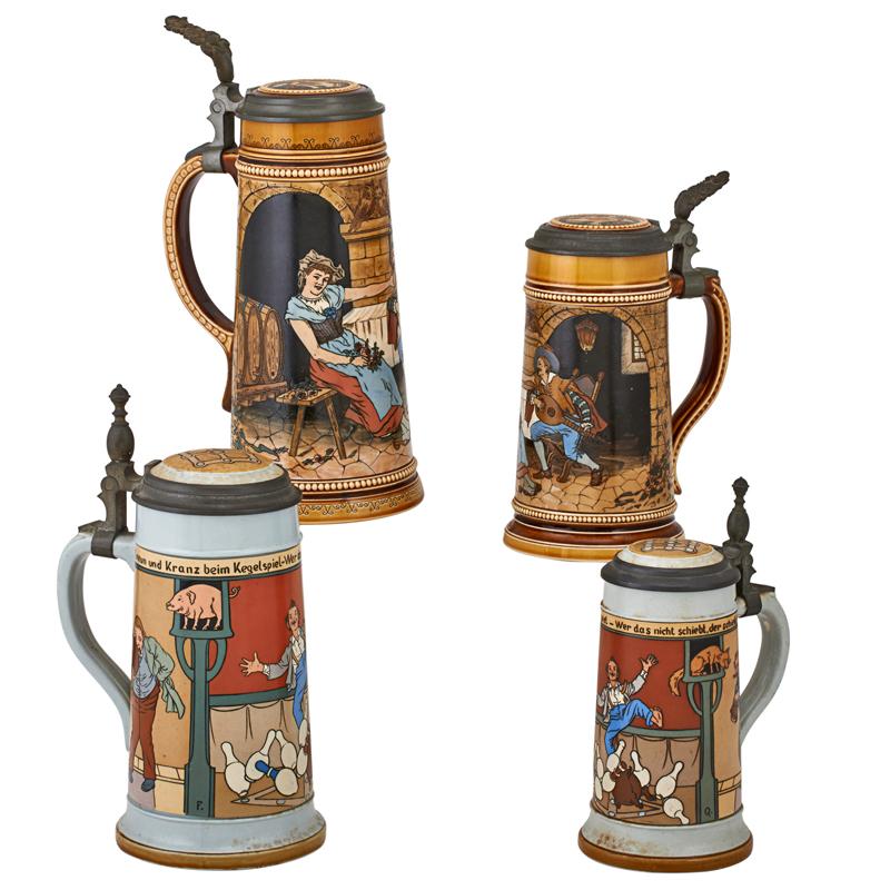 Appraisal: METTLACH ETCHED STEINS Four Numbers liter half liter liter half