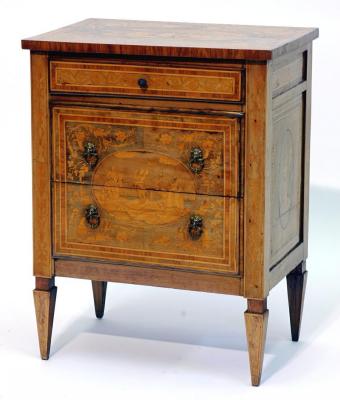 Appraisal: AN ITALIAN BEDSIDE CABINET in walnut and fruitwood with rosewood