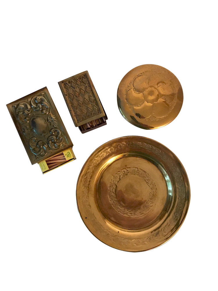 Appraisal: Assorted Brass Items Two Brass Match Boxes Box and Plate