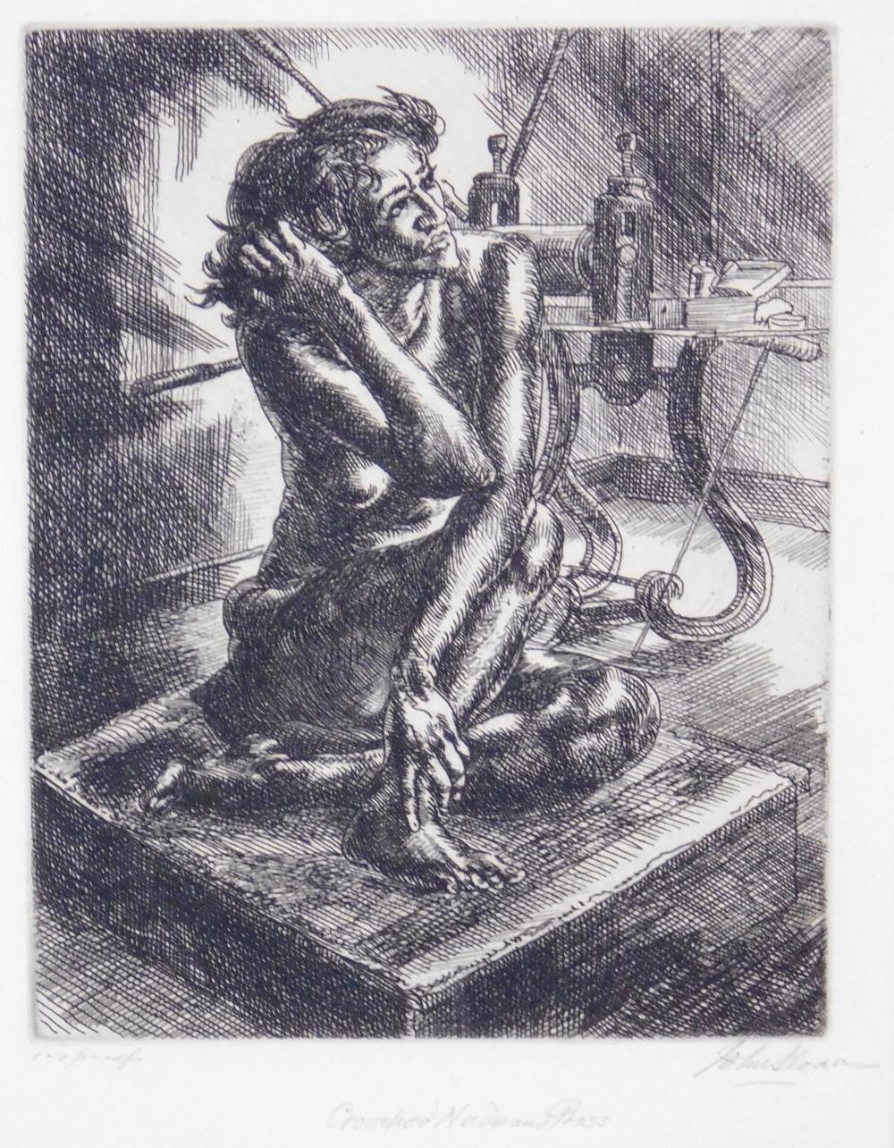 Appraisal: John Sloan American - Crouching Nude and Press' etching Morse