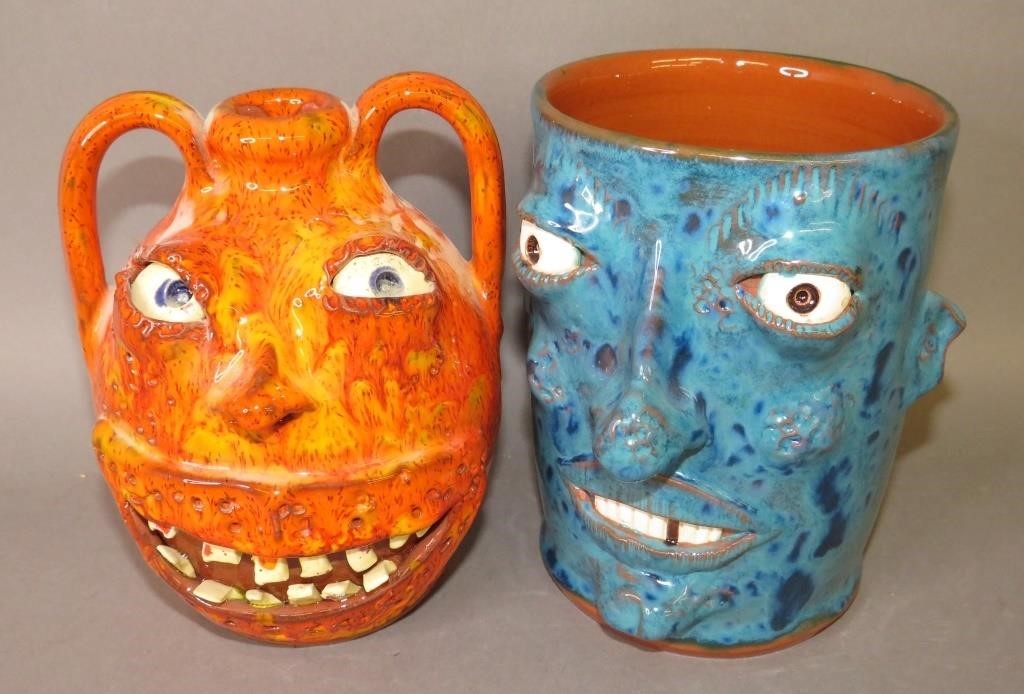 Appraisal: FOLK ART POTTERY FACEWARE PIECES BY WES MUCKEY ca both