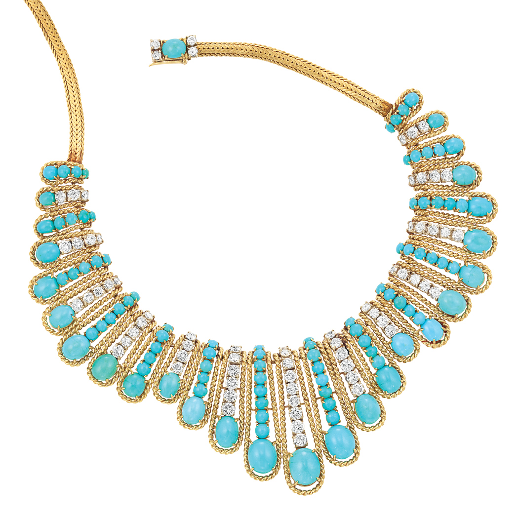 Appraisal: Gold Turquoise and Diamond Fringe Necklace kt centering graduating elongated