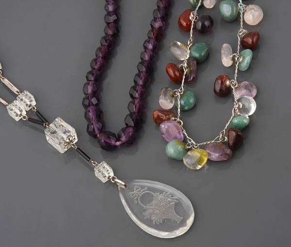 Appraisal: A colletion of six cut crystal stone and silver necklaces