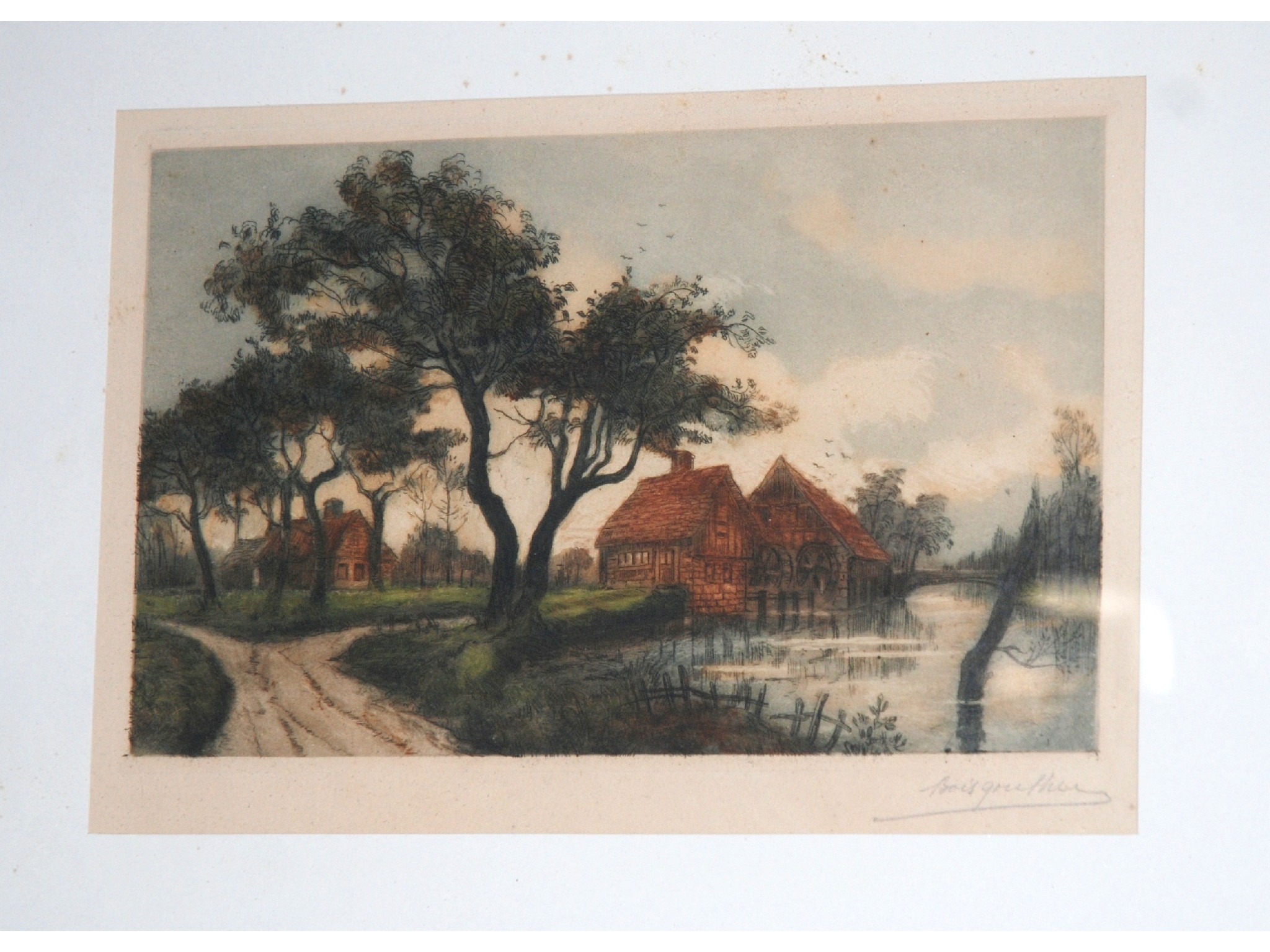 Appraisal: CONTINENTAL SCHOOL Rural and coastal scenes indistinctly signed coloured etchings