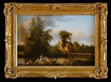 Appraisal: EUROPEAN SCHOOL MAIDENS BATHING BY A MILL Oil on wood