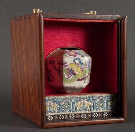 Appraisal: Chinese glazed ceramic hexagonal-form scholar's inkwell in fitted rosewood case