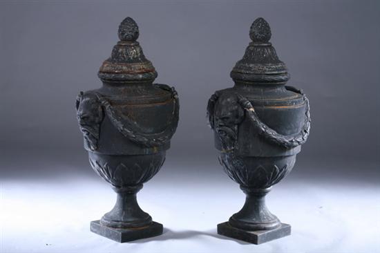 Appraisal: PAIR NEOCLASSICAL STYLE PAINTED METAL GARDEN URNS Late th century