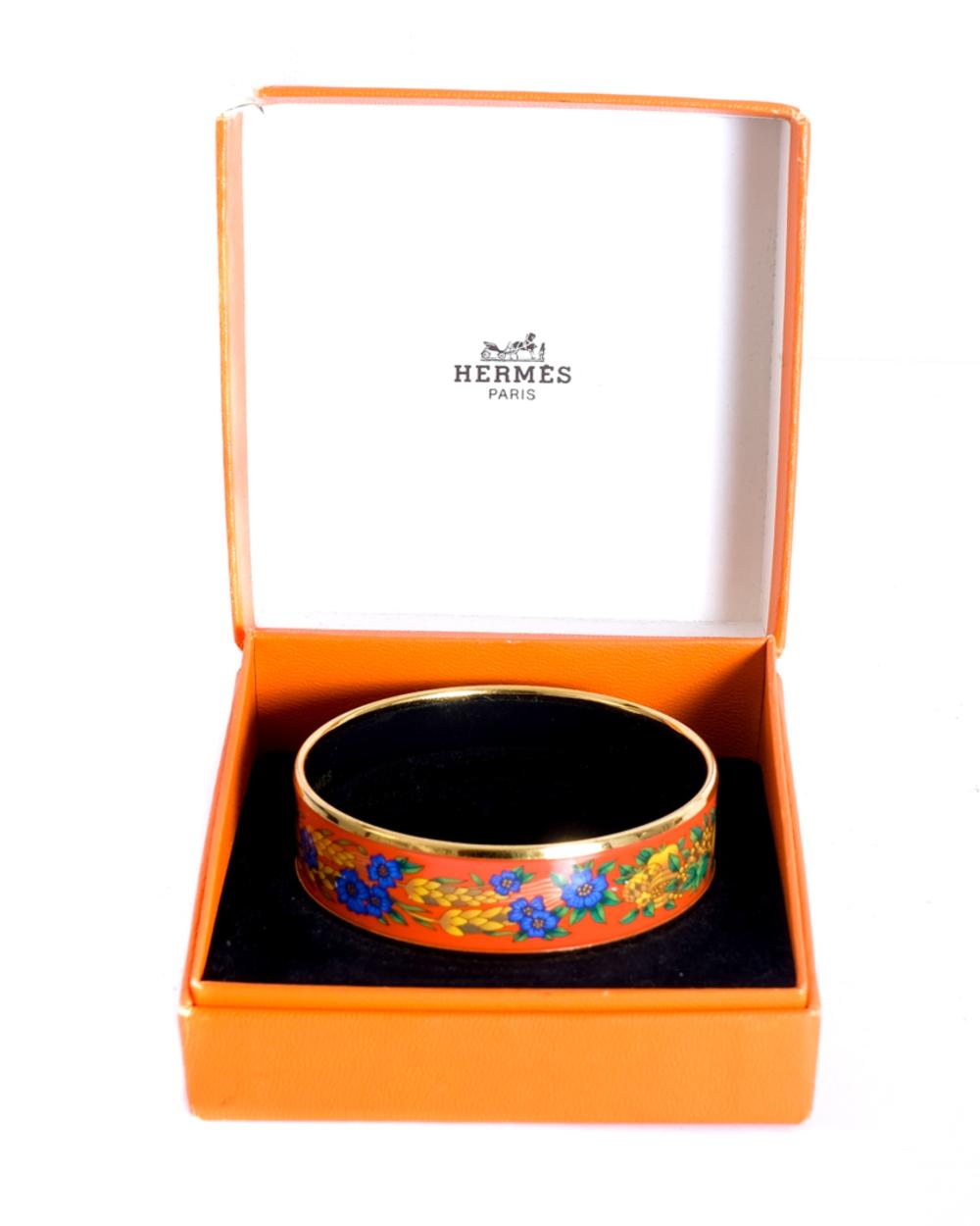 Appraisal: HERMES WIDE ENAMEL WHEAT FRUITS FLOWER BANGLEHermes printed enamel wide