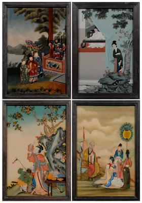 Appraisal: Four Chinese reverse paintings on glass lady concealed by curtains