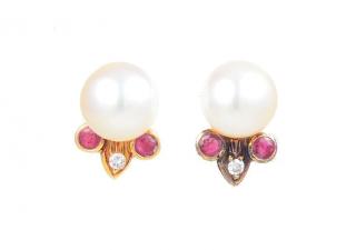 Appraisal: A Pair of Pearl Diamond and Ruby Earrings by Mikimoto