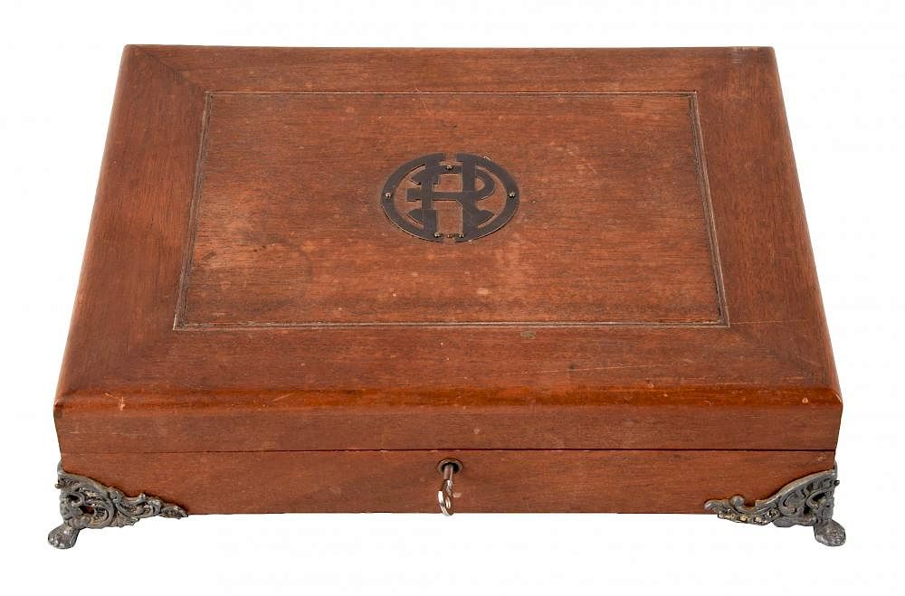 Appraisal: Wooden Poker Chip Box With Playing Cards Chips And Dice