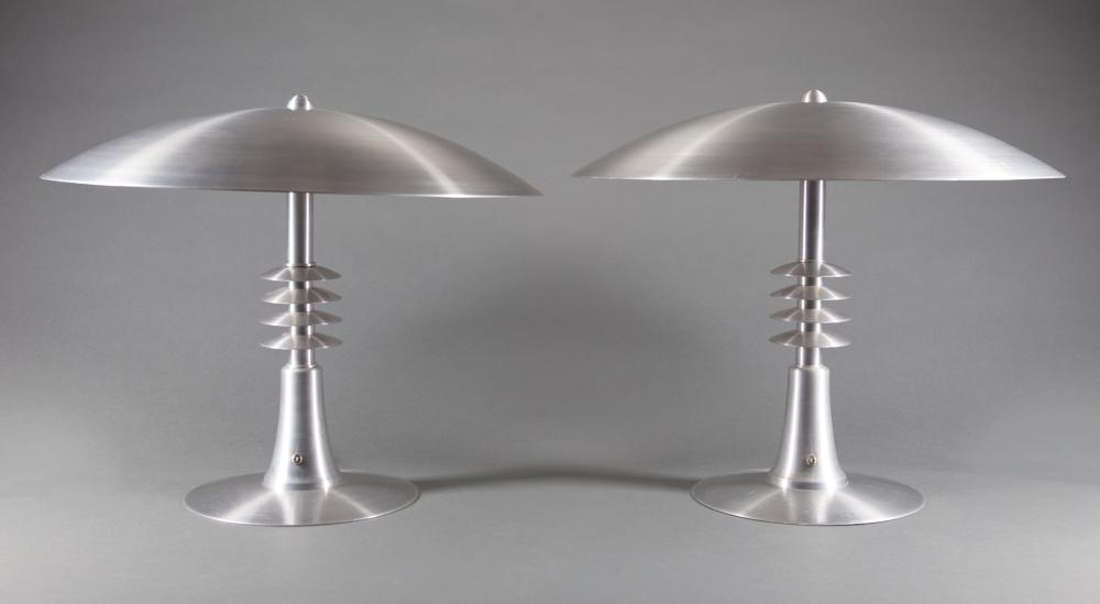 Appraisal: Pair of Contemporary Aluminum Space Lamps saucer shade reverse tapered