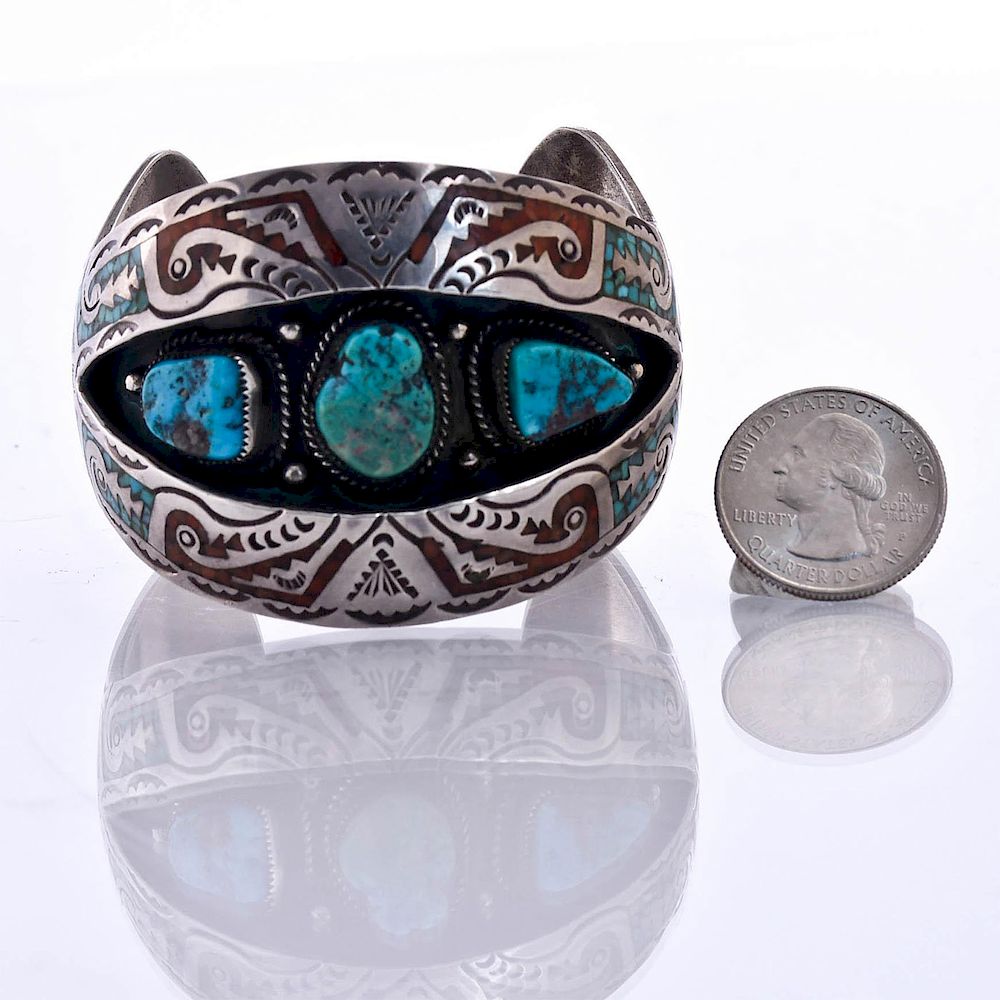 Appraisal: B NEZ NAVAJO TURQUOISE AND CORAL CUFF C approx weight