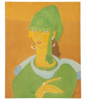 Appraisal: Chughtai Untitled Woman with Lotus Signed Abdur Rahman Chughtai Pakistani