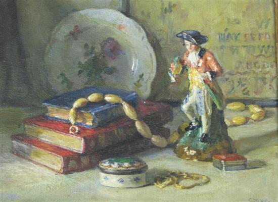 Appraisal: C M Wood oil on board still life with porcelain