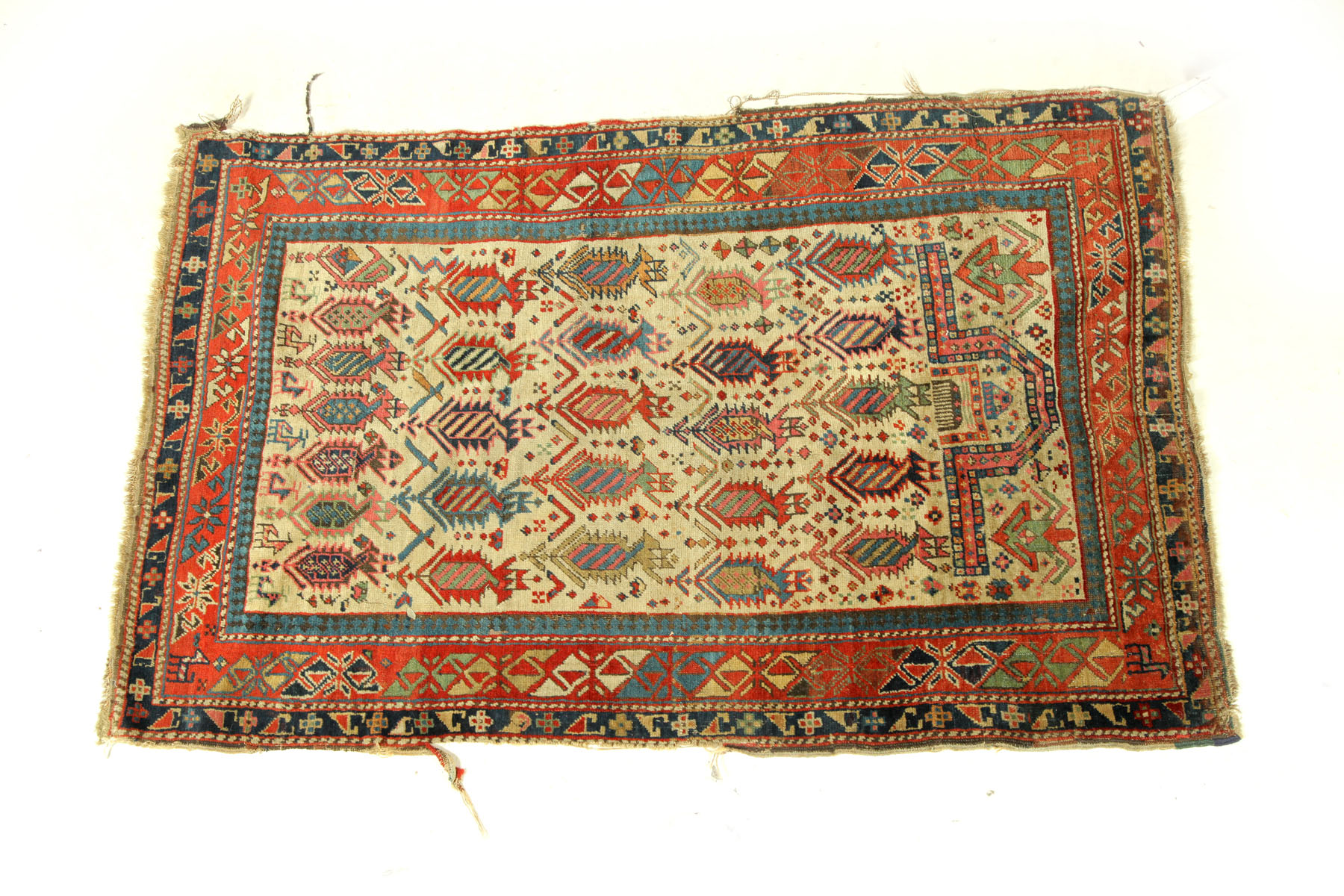 Appraisal: ORIENTAL RUG Shirvan prayer Red border and ivory ground Worn