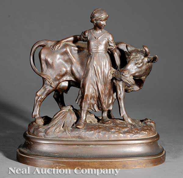 Appraisal: A French Bronze of a Farm Girl Feeding a Cow