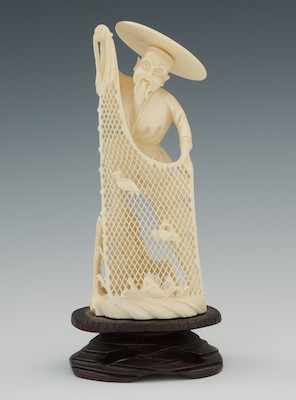 Appraisal: Carved Ivory Fisherman with Net Beautifully carved with open work