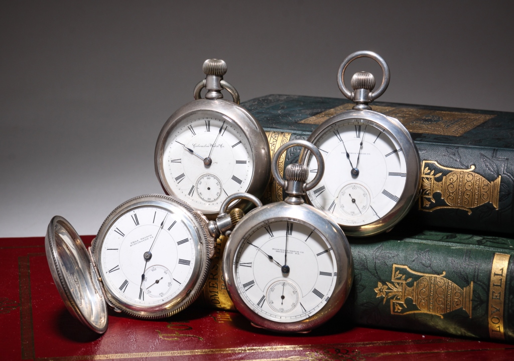 Appraisal: FOUR TRANSITIONAL COIN SILVER POCKET WATCHES American th Qtr -