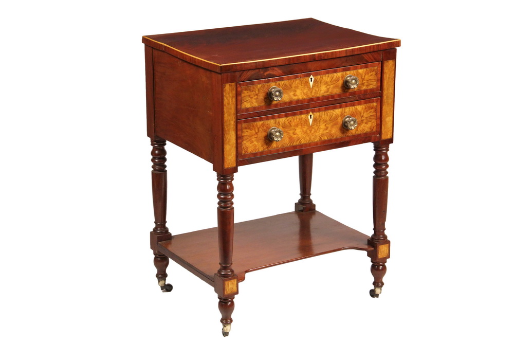 Appraisal: FEDERAL PERIOD STAND - Two-Drawer Flame Mahogany Stand having overhanging