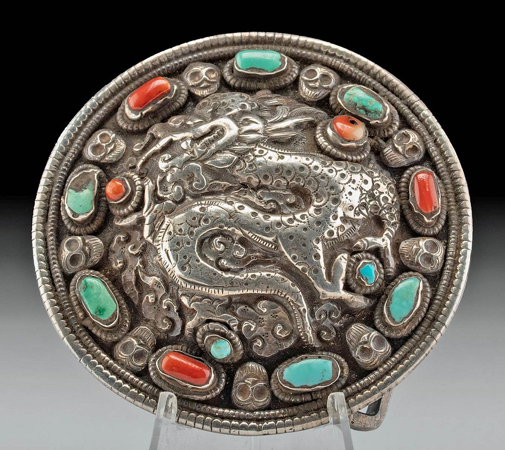 Appraisal: th C Tibetan Silver Coral Turquoise Buckle Central Asia Tibet