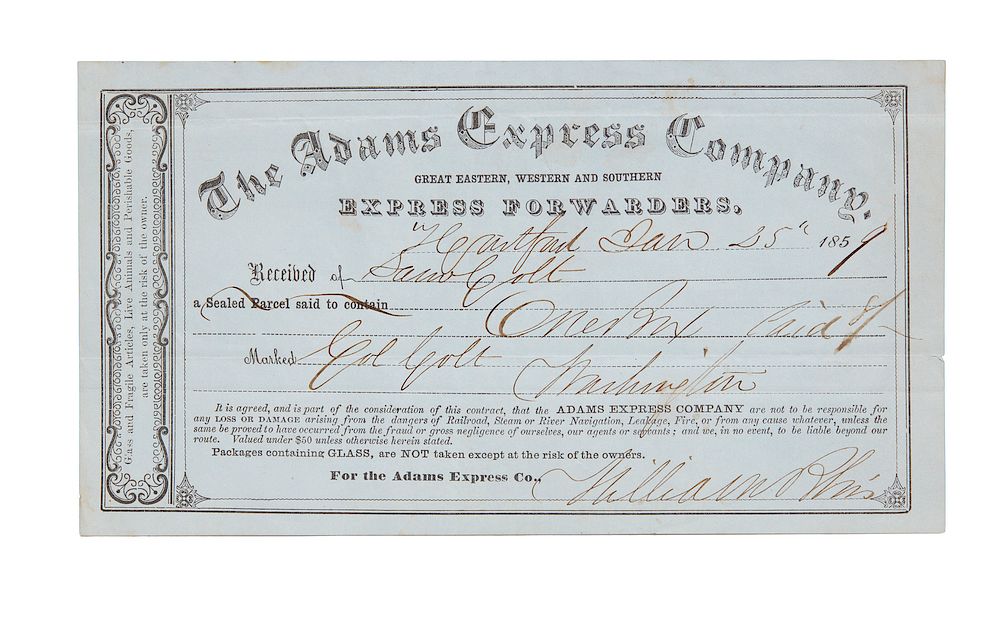 Appraisal: Adams Express Co Receipt The Adams Express Company receipt dated