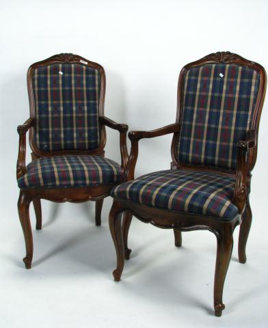 Appraisal: Pair of Country French Style upholstered blue plaid upholstery Armchairs