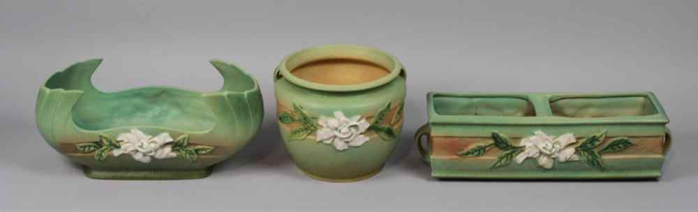 Appraisal: ROSEVILLE POTTERY GREEN GARDENIA PATTERN PLANTER round with waisted panel