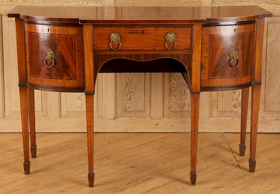 Appraisal: DIMINUTIVE HEPPLEWHITE SIDEBOARD A diminutive Hepplewhite sideboard having two curved