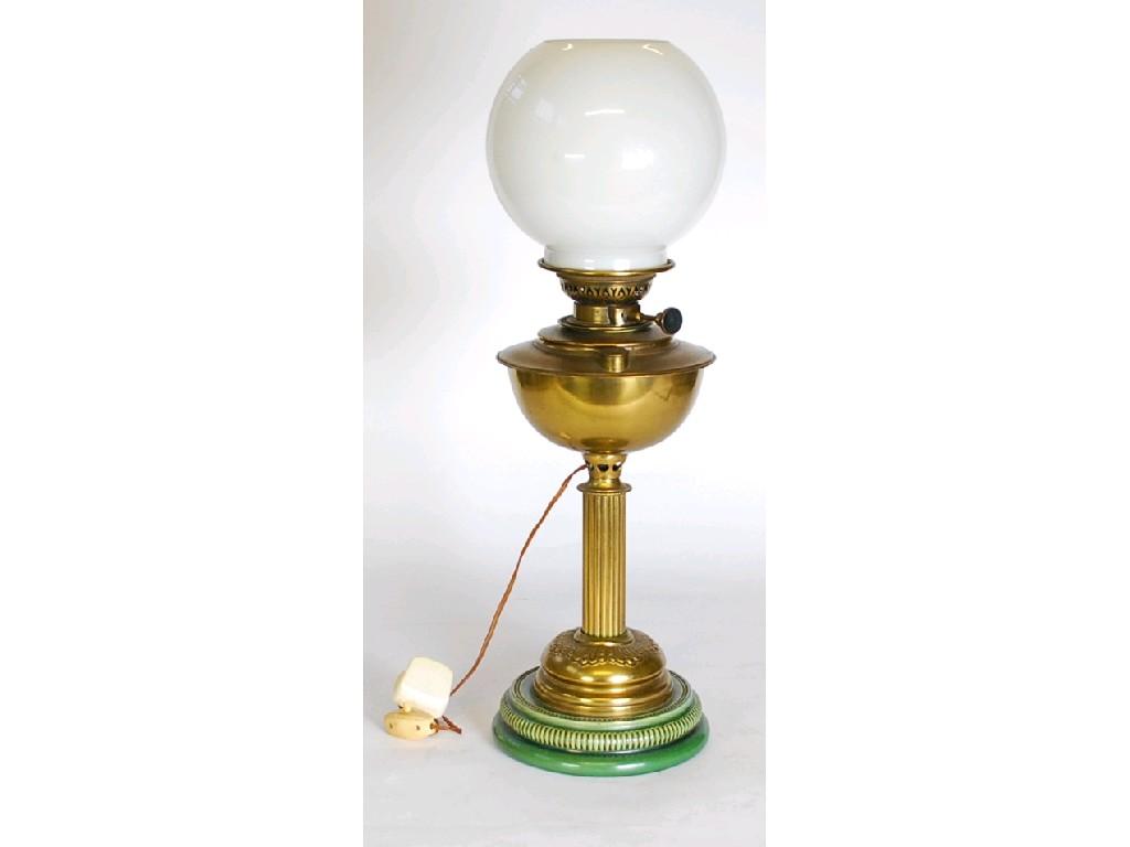 Appraisal: VICTORIAN BRASS OIL TABLE LAMP with white glass shade fluted