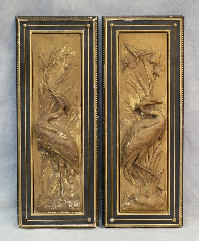 Appraisal: Pr cast plaster framed panels depicting egrets in tall grasses