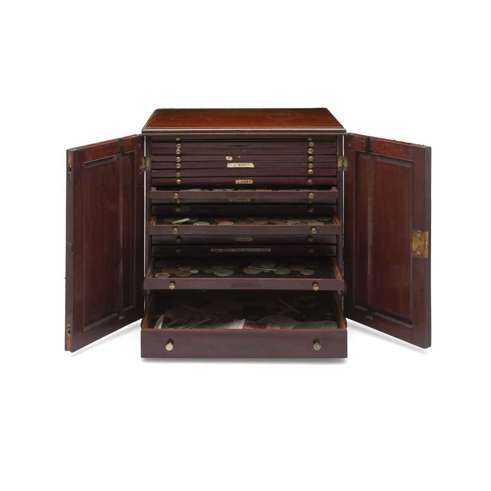 Appraisal: A LATE TH-CENTURY MAHOGANY COIN COLLECTOR S CABINET AND COINS