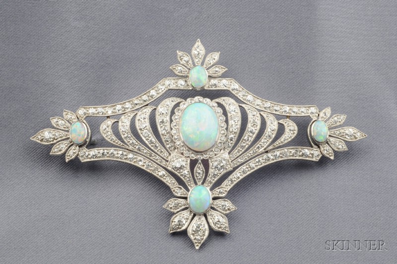 Appraisal: Art Deco Platinum Opal and Diamond Brooch centering a cabochon