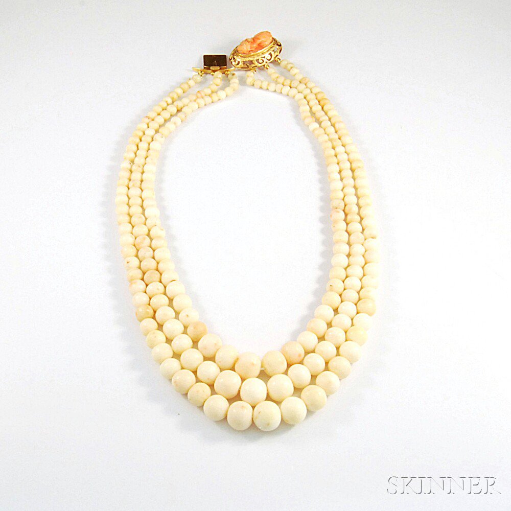 Appraisal: Multi-strand Angelskin Coral Necklace composed of three strands of graduated