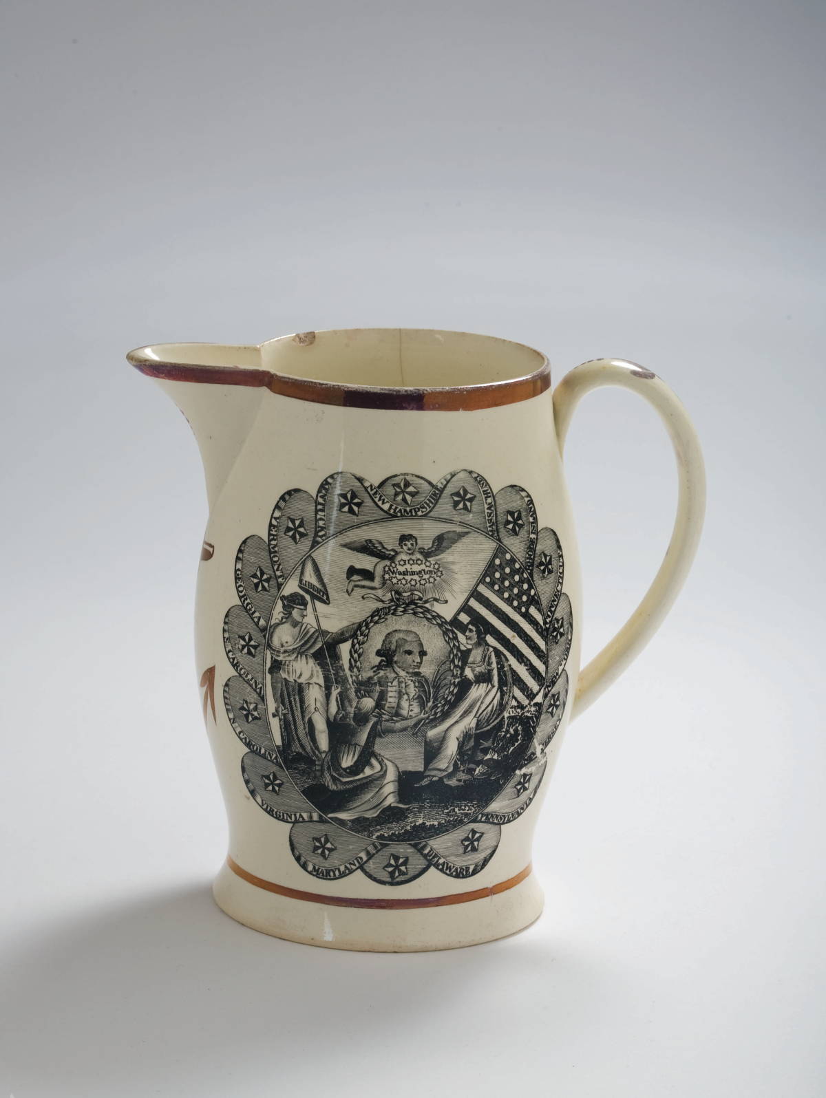 Appraisal: ENGLISH CREAMWARE PINK LUSTRE AND BLACK TRANSFER-PRINTED JUG CIRCA Printed