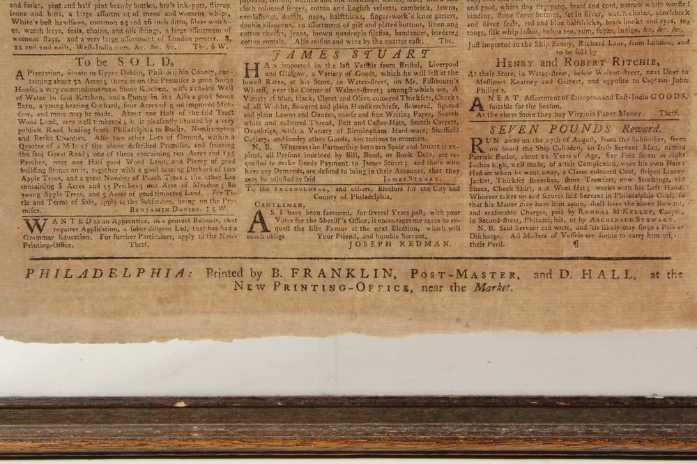 Appraisal: FRAMED PHILADEPHIA NEWSPAPER - The Pennsylvania Gazette' Sept Numb Printed