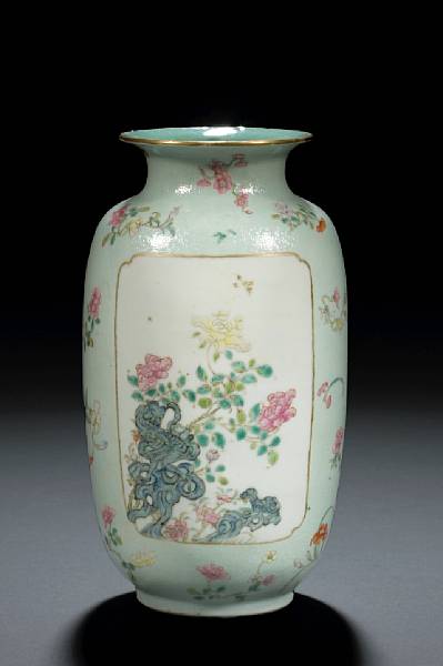 Appraisal: A famille rose and celadon enameled porcelain vase Qianlong Mark