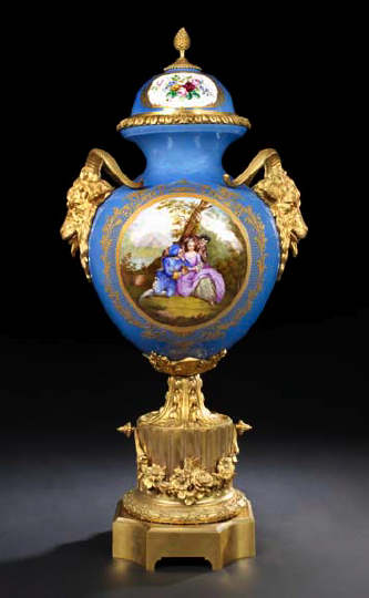 Appraisal: Monumental Continental Ormolu-Mounted Bleu Celeste Porcelain Covered Two-Handled Garniture Vase