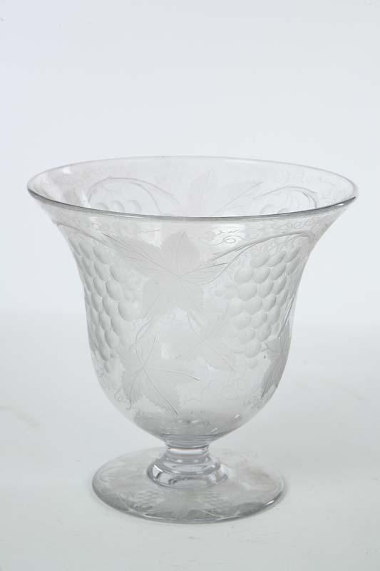 Appraisal: GLASS VASE Large footed vase with etched grape vines h