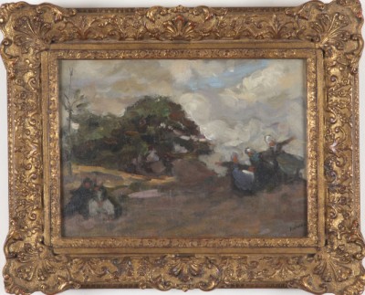 Appraisal: Brettones dans un Paysage oil on board x SLR Raphael