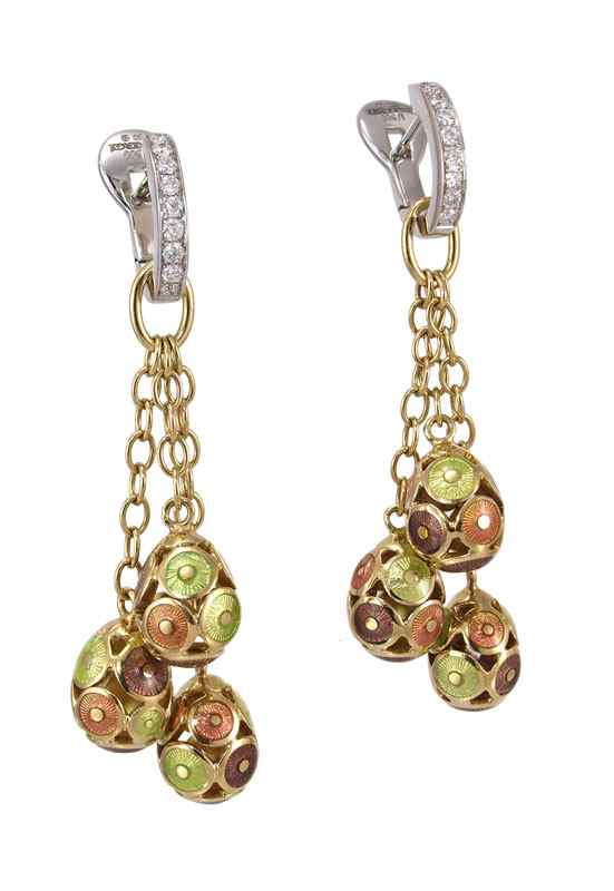 Appraisal: K DIAMOND GUILLOCHE FABERGE DROP EARRINGS K white and yellow