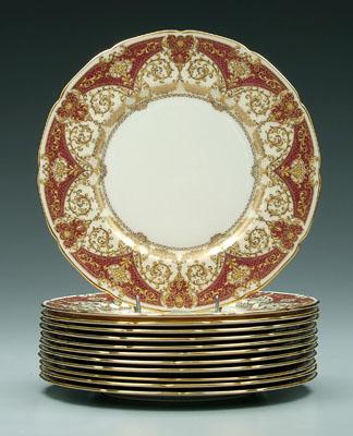 Appraisal: Twelve Lenox service plates elaborate purple red and gilt decoration